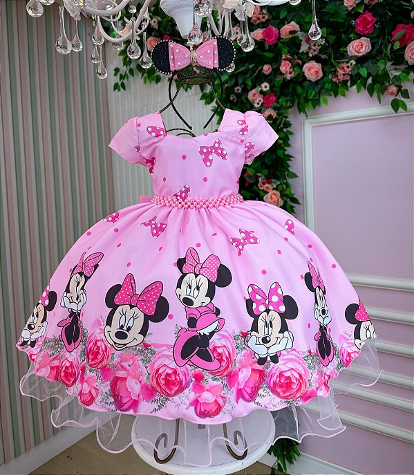 Vestido Minnie Rosa Laço Rosa Temáticos