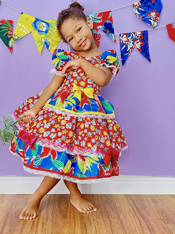 Vestido Infantil Junino Arraiá Florido Colorido Festas