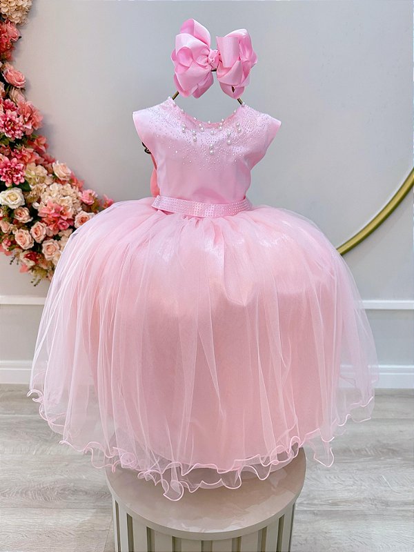Vestido Infantil Damas de Honra Longo Rosa Pérolas