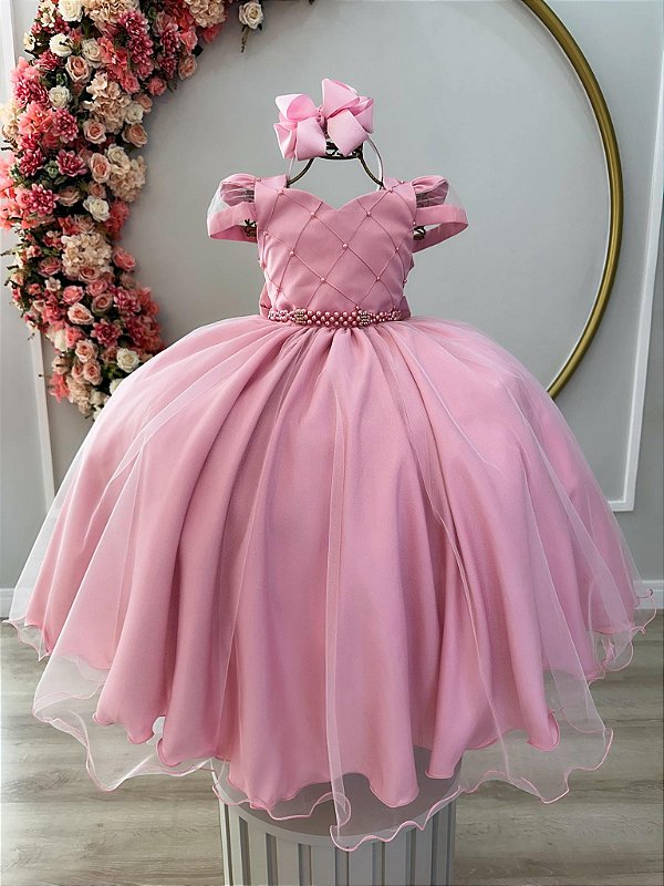 Vestido Infantil Rosé Busto Nervura Cinto Pérolas Damas