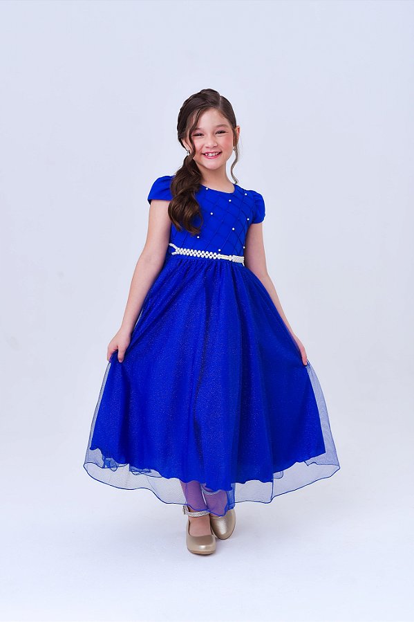 Vestido Infantil Longo Azul Royal Busto Nervura Festas Damas