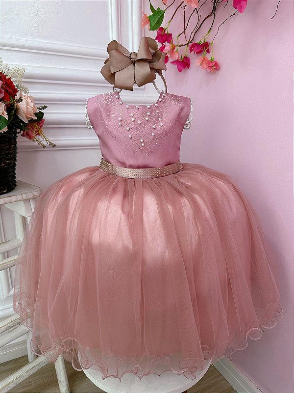 Vestido Infantil Rose Strass Pérolas Damas Luxo