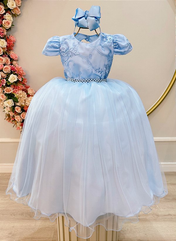 Vestido Infantil Azul Bebê Busto Renda Festas Casamento
