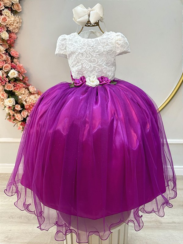 Vestido Infantil Off White Saia Fúcsia  Renda e Broche Flor