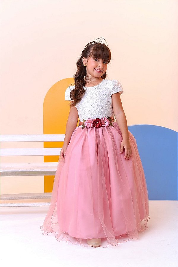 Vestido Infantil Off White Saia Rose C/ Renda e Broche Flor