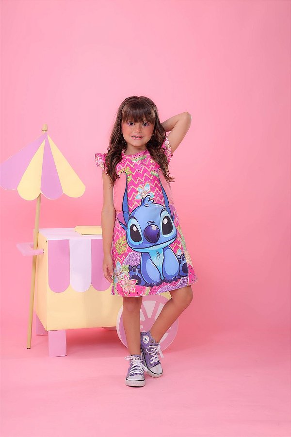 Vestido Infantil Lilo e Stitch Luxo Rosa Festas