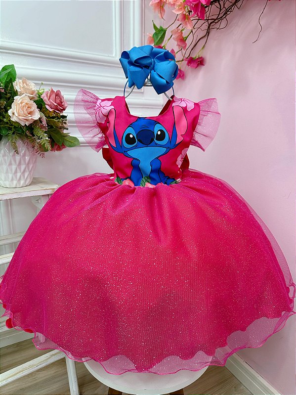Vestido Infantil Stitch Rosa Meninas Com Glitter Festas
