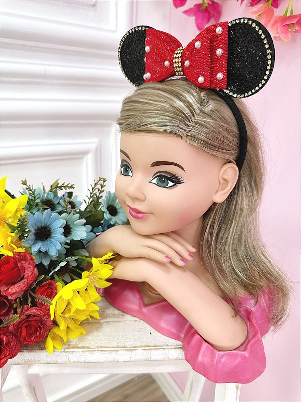Tiara Minnie Vermelha Preta Pérolas Strass Tule