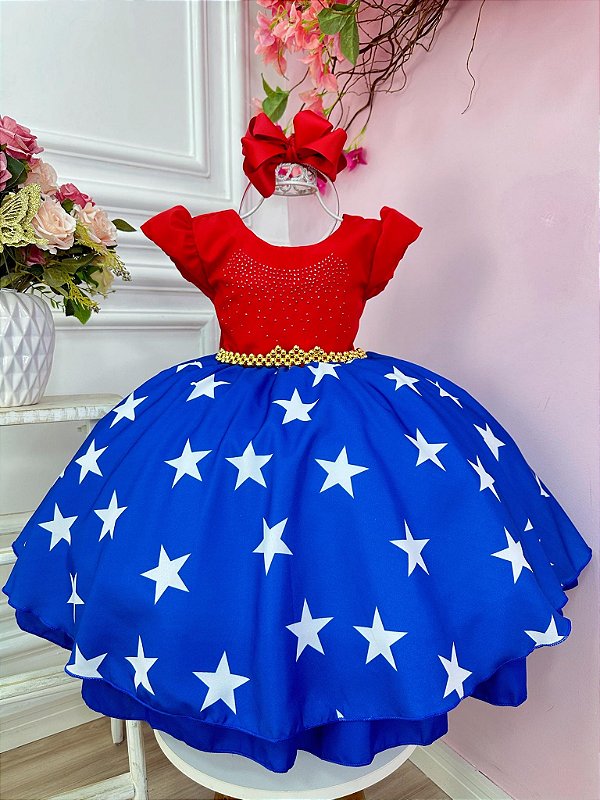 Vestido Infantil Mulher Maravilha Cinto de Pérolas Festas