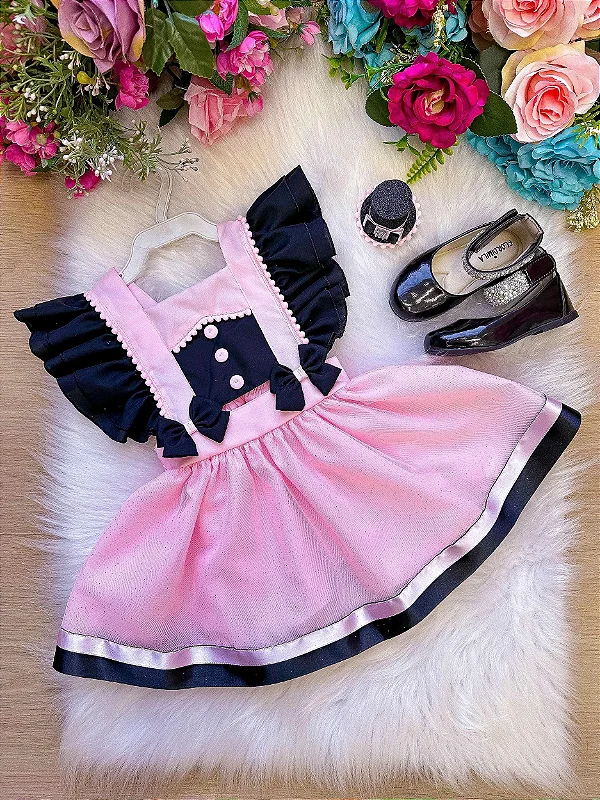 Romper Mundo Bita Rosa e Preto Macacão  Luxo Festa