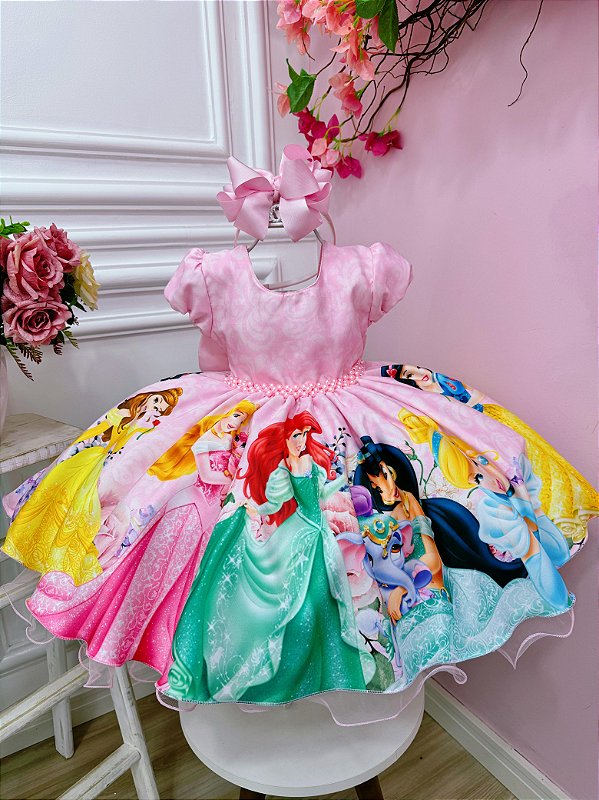 Vestido Infantil Princesas Disney Florido Pérolas Rosa Festas