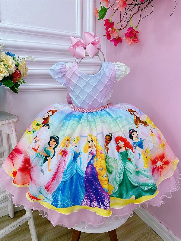 Vestido Infantil Rosa Princesas Disney Peito Nervura Cinto Pérolas