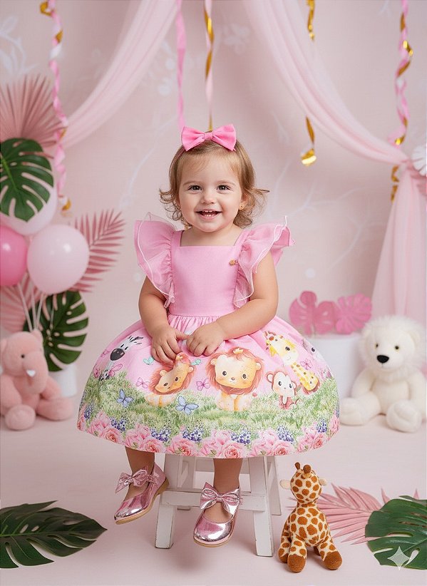 Vestido Fazendinha Safari Temático Kids Rosa Bebe
