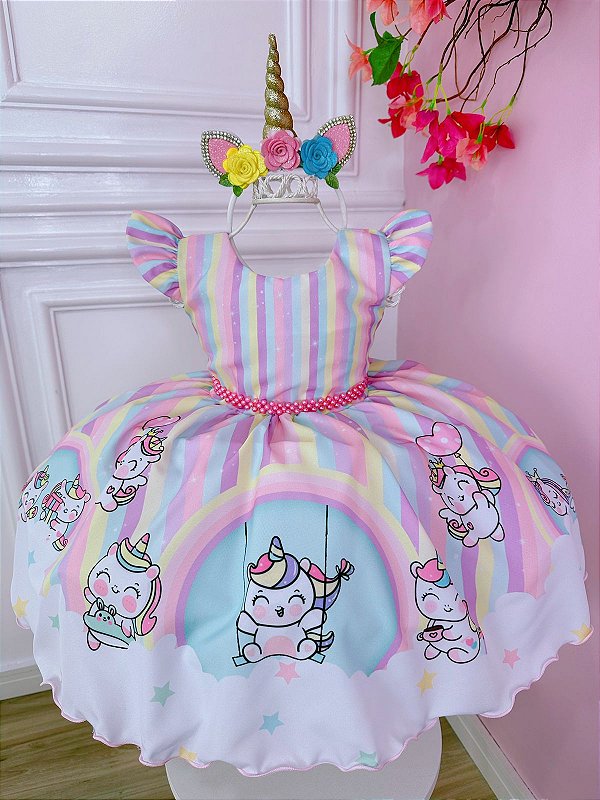 Vestido Infantil Branco Unicórnio Baby Listras Coloridas
