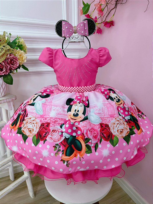 Vestido Minnie Rosa Florido Strass Cinto de Pérolas