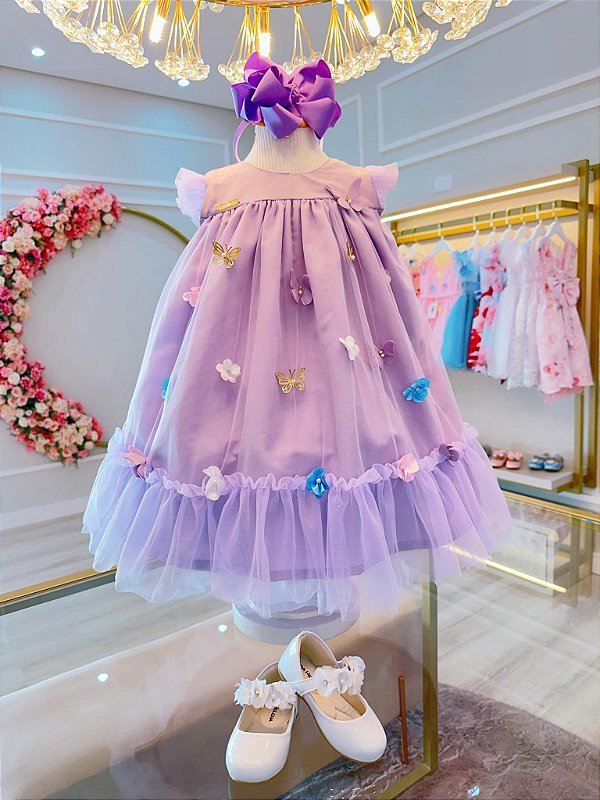 Vestido Infantil Lilás Jardim Encantado Borboletas Luxo