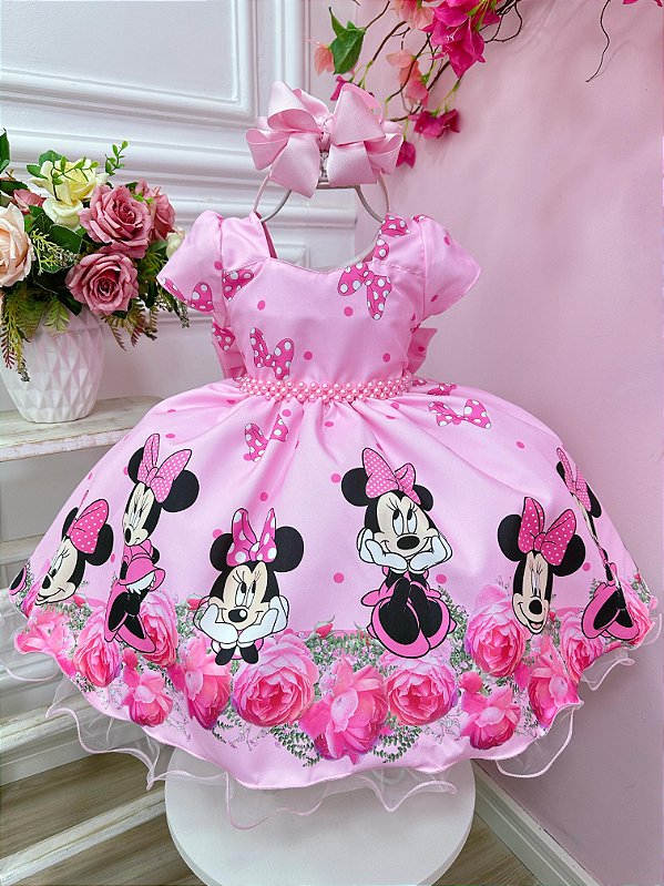 Vestido Minnie Rosa Com Cinto de Perolas Festas