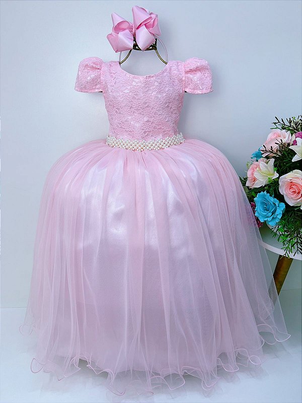 Vestido Infantil Rosa Longo Festa Luxo