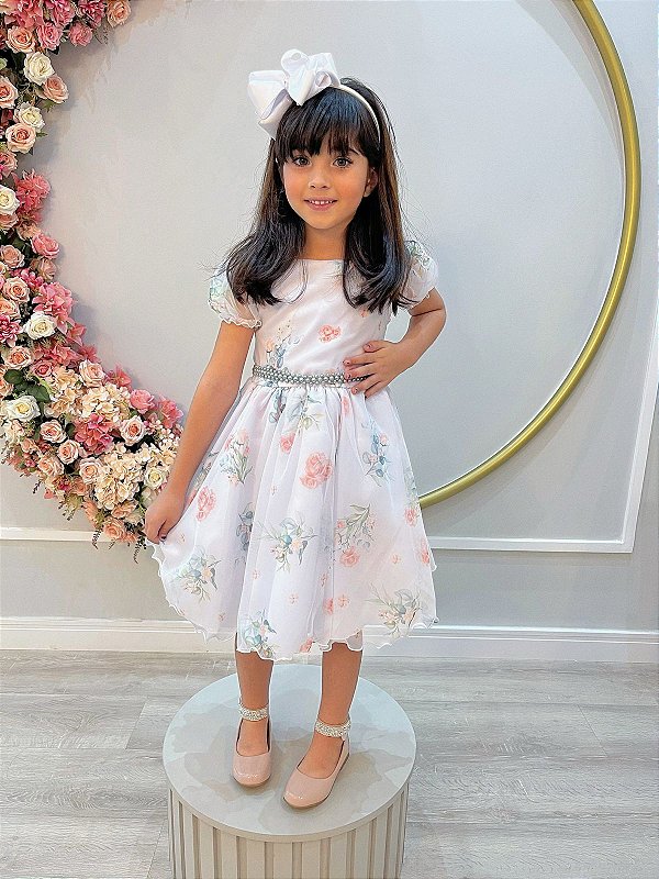Vestido Infantil Branco Floral Rosas Cinto de Pérolas