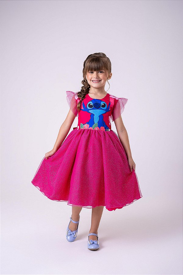 Vestido Infantil Stitch e Lilo Luxo Pink Menina Festa