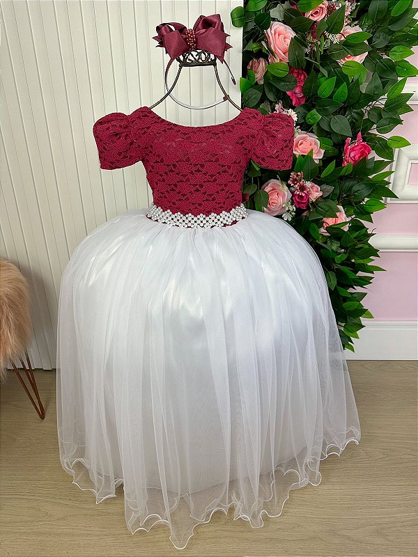 Vestido Infantil Longo Marsala Dama de Honra Mari Peito Saia Branca