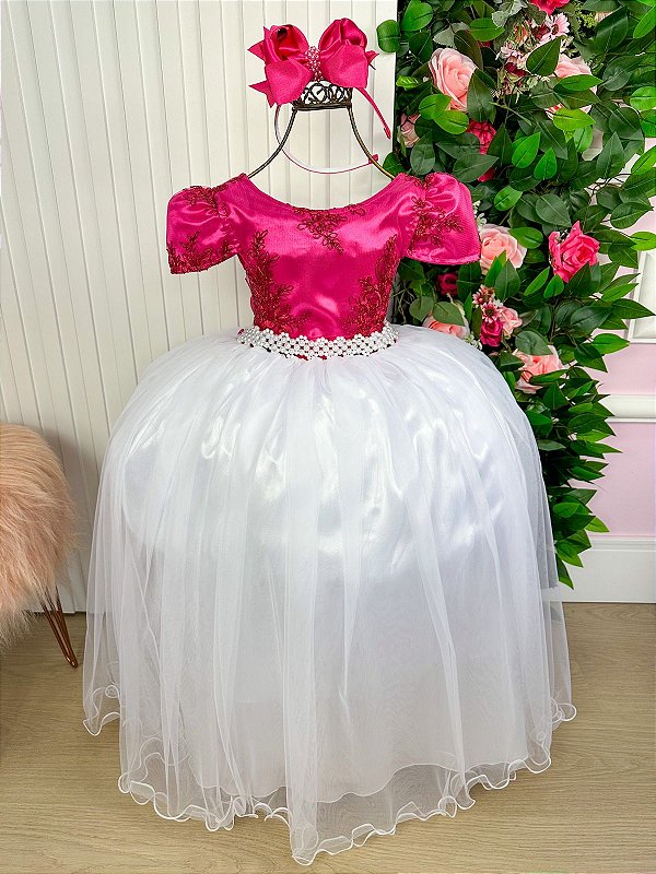 Vestido Infantil Dama de Honra Longo Pink Mari Peito Saia Branca