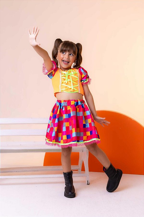 Conjunto Junino Luxo Manu Laranja Neon