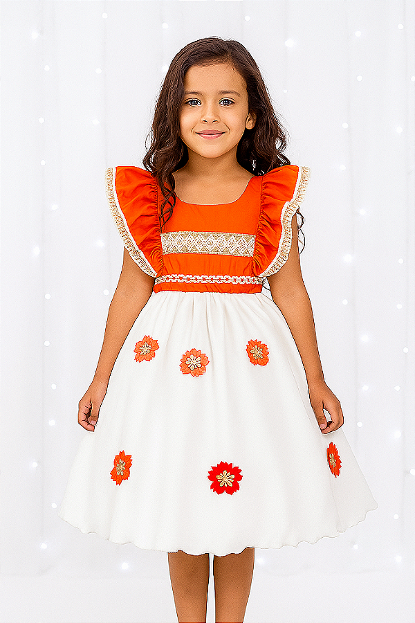 Vestido Infantil Moana Laranja Apliques Flores Festas