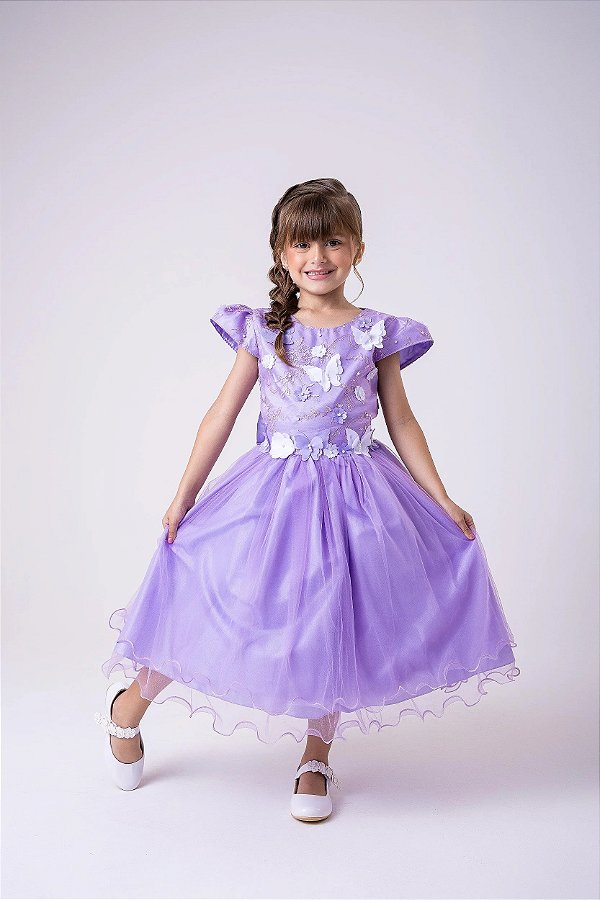 Vestido Jardim Encantado Lilás Apliques em Borboletas