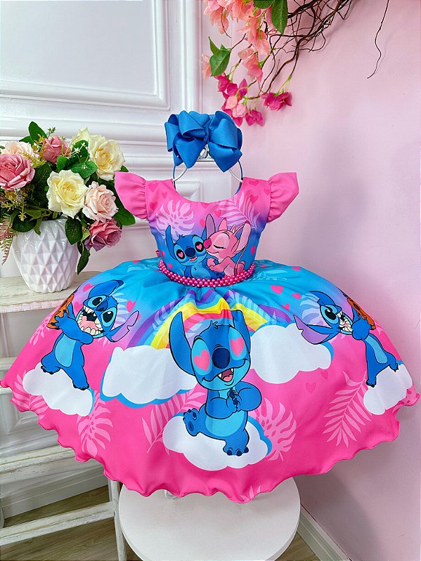 Vestido Infantil Stitch e Angel Apaixonado Luxo Menina Festa