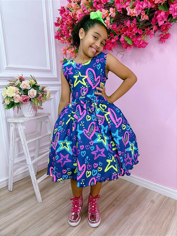Vestido Infantil Azul Marinho Neon Broche de Laço