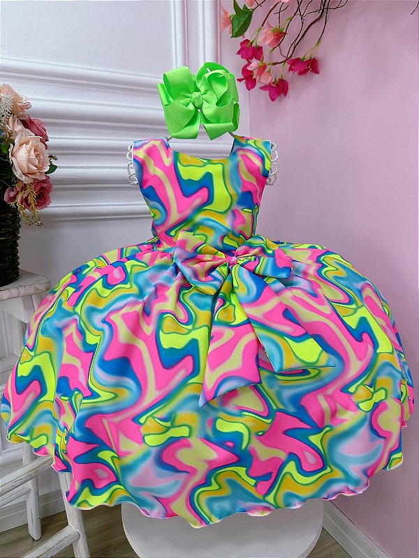 Vestido Infantil Barbie Colorido Neon Broche de Laço