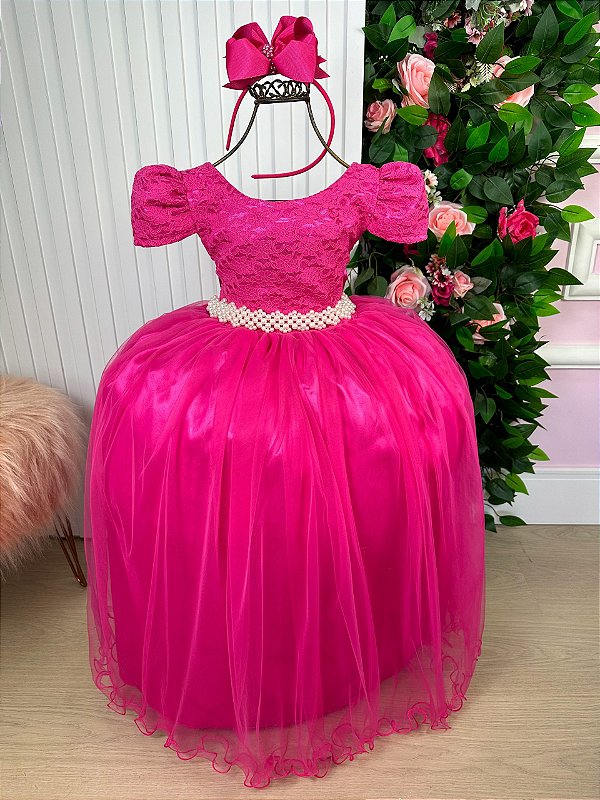 Vestido Longo Daminha Rosa Pink Laura Peito Rendado