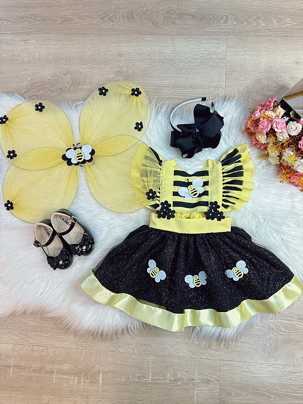 Romper Macacão Abelhinha Com Asa e Apliques Luxo Amarelo