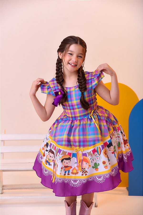 Vestido Infantil Junino Luxo Xadrez Lilás Fogueira Festa São João