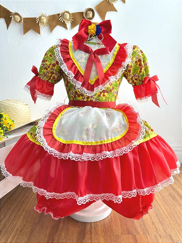 Fantasia Infantil Junino Festas Amarelo Florzinhas Coloridas