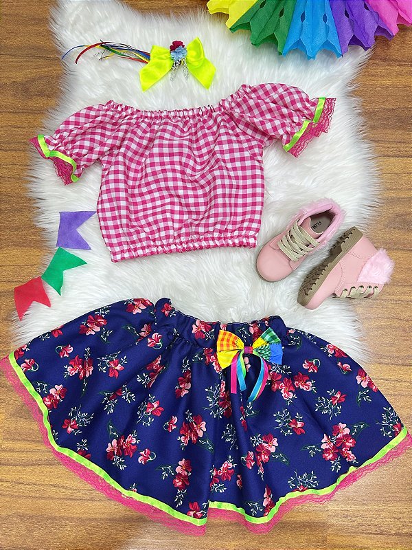 Conjunto Junino Rosa Xadrez Cropped Mini Saia Azul