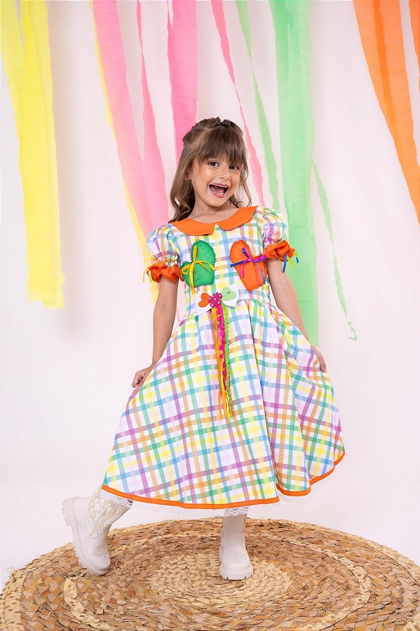 Vestido Junino Quadrilha Luxo Dois Corações Laranja