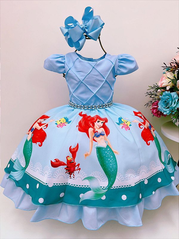 Vestido Infantil Ariel  Princesa Sereia Azul Strass Pérolas