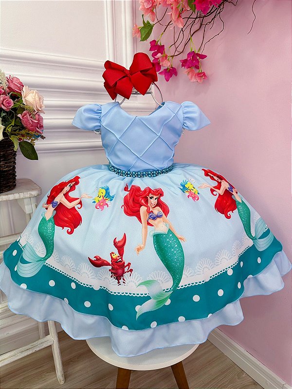Vestido Infantil Ariel Princesa Sereia Azul Cinto Pérolas