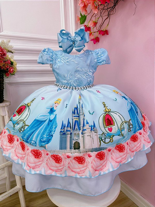 Vestido Infantil Princesa Cinderela Princesa Azul Renda e Pérolas