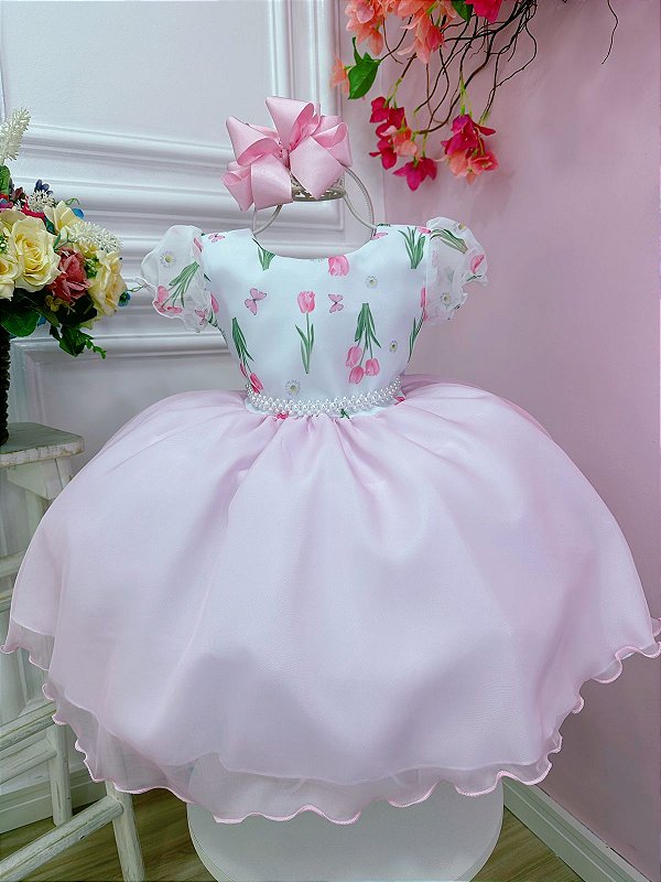 Vestido Infantil Branco Flores Tulipas e Cinto de Pérolas