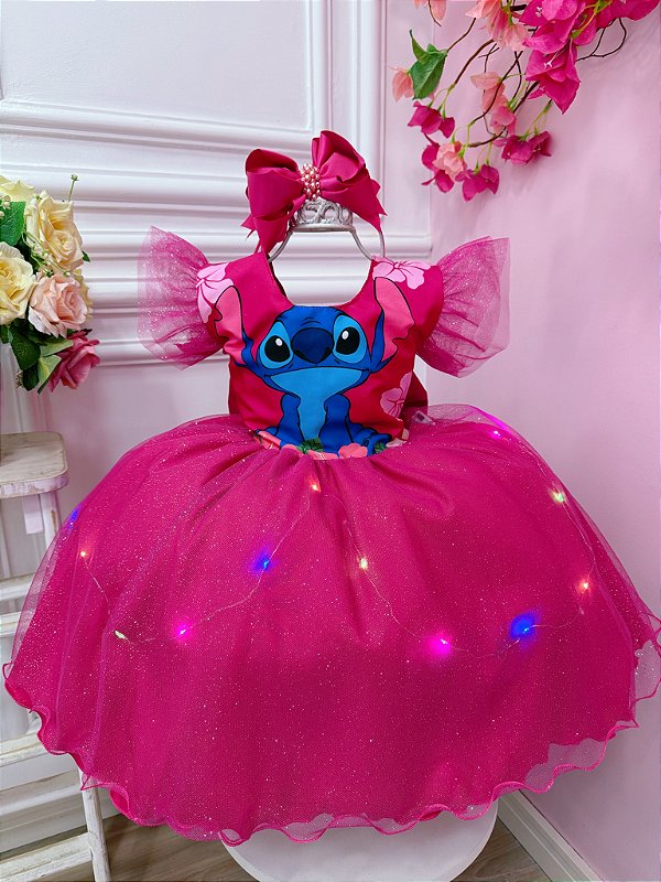 Vestido Infantil Lilo e Stitch Pink Saia Led Glitter