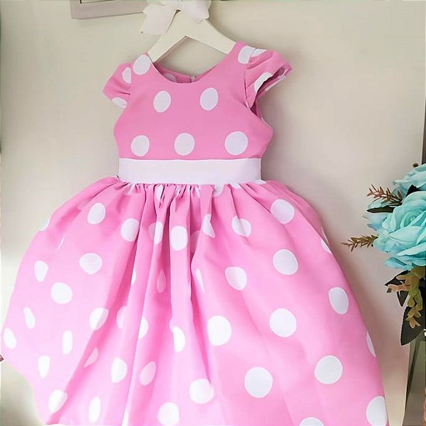 Vestido Minnie Rosa Bolinhas Brancas Busto Infantil Luxo Festa