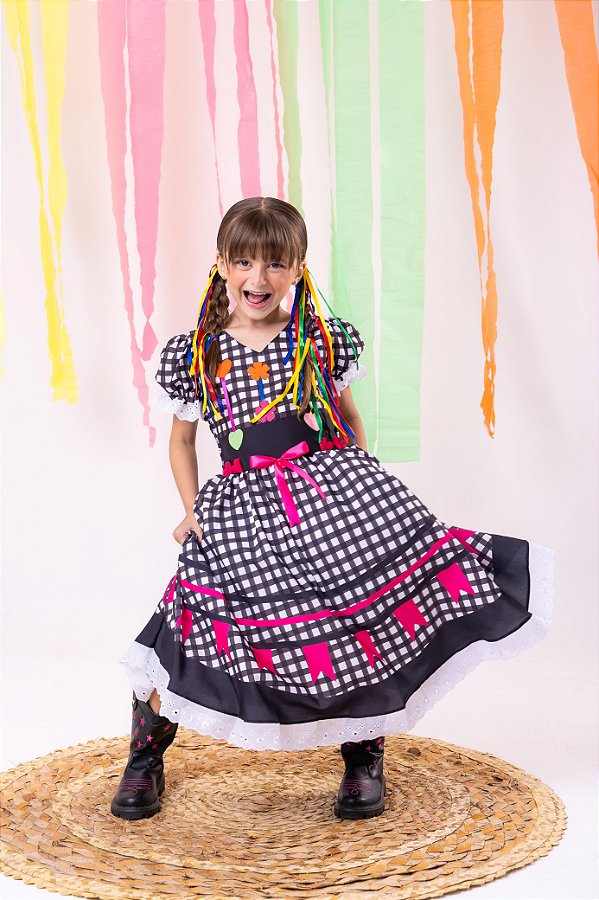 Vestido Junino Luxo Arraia do Amor Preto