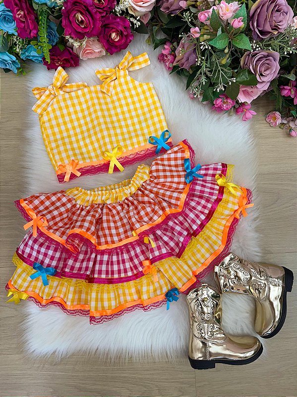 Conjunto Junino Luxo Sofia Xadrez Amarelo