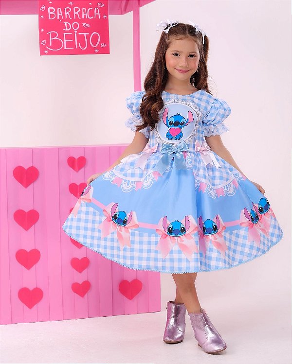 Vestido Stitch e Angel Junino Luxo Azul Bebe Marie