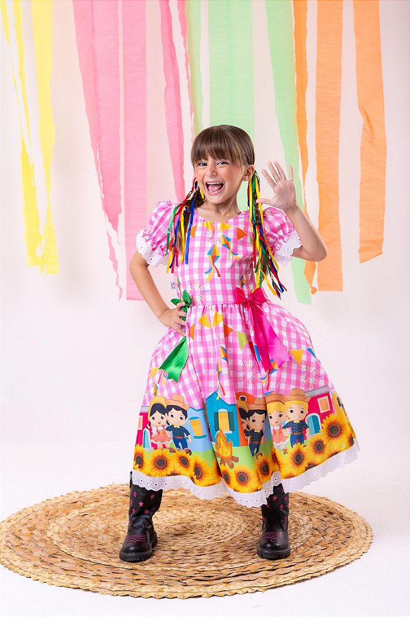 Vestido Junino Luxo Arraiá do Sorriso Rosa Infantil
