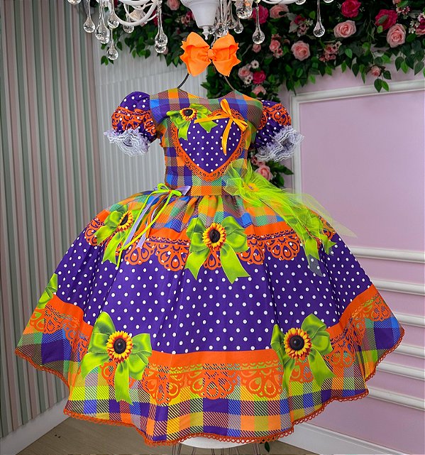 Vestido Junino Luxo Roxo e Laranja Arraia do Coração Roxo