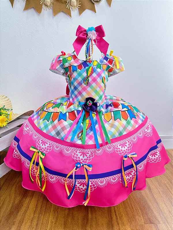 Vestido Infantil Junino Festa São João Luxo Xadrez Colorido
